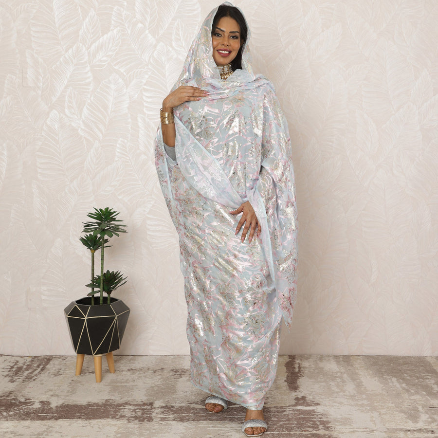 Light Blue Sudanese Thobe Fabric in Pure Silk Chiffon with Metallic Lurex and Jacquard, 4.5 Meters, 110 cm Width-D20409