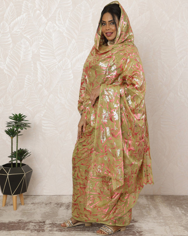 Olive Green Sudanese Thobe Fabric in Pure Silk Chiffon with Metallic Lurex and Jacquard, 4.5 Meters, 110 cm Width-D20410