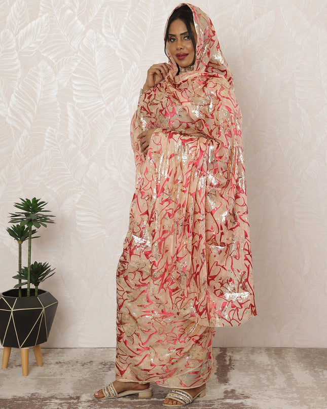 Peach Sudanese Thobe Fabric in Pure Silk Chiffon with Metallic Lurex and Jacquard, 4.5 Meters, 110 cm Width-D20411