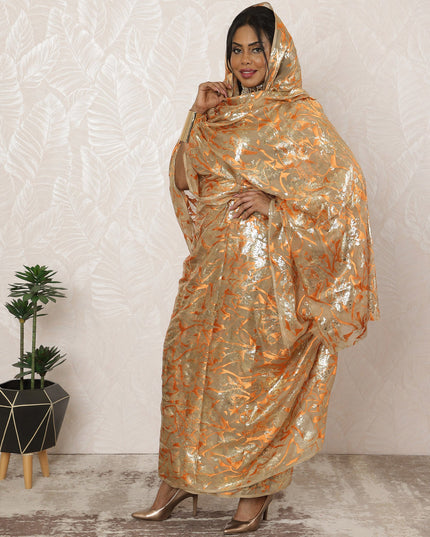 Gold and Orange Sudanese Thobe Fabric in Pure Silk Chiffon with Metallic Lurex and Jacquard, 4.5 Meters, 110 cm Width-D20412