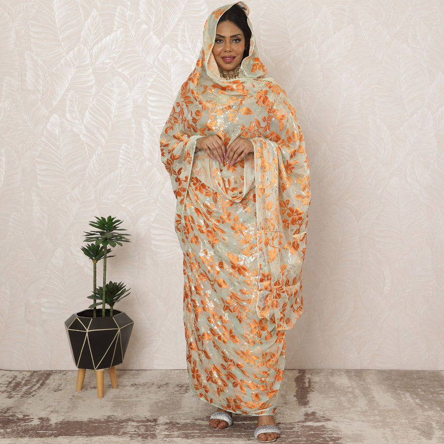 Light Green Sudanese Thobe Fabric in Pure Silk Chiffon with Metallic Foil and Jacquard, 4.5 Meters, 110 cm Width-D20413