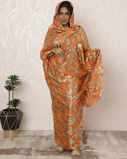 Vibrant Orange Sudanese Thobe Fabric in Pure Silk Chiffon with Metallic Foil and Jacquard, 4.5 Meters, 110 cm Width-D20414