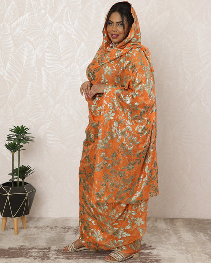 Vibrant Orange Sudanese Thobe Fabric in Pure Silk Chiffon with Metallic Foil and Jacquard, 4.5 Meters, 110 cm Width-D20414