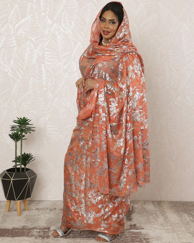 Orange Sudanese Thobe Fabric in Pure Silk Chiffon with Metallic Foil and Jacquard, 4.5 Meters, 110 cm Width-D20415