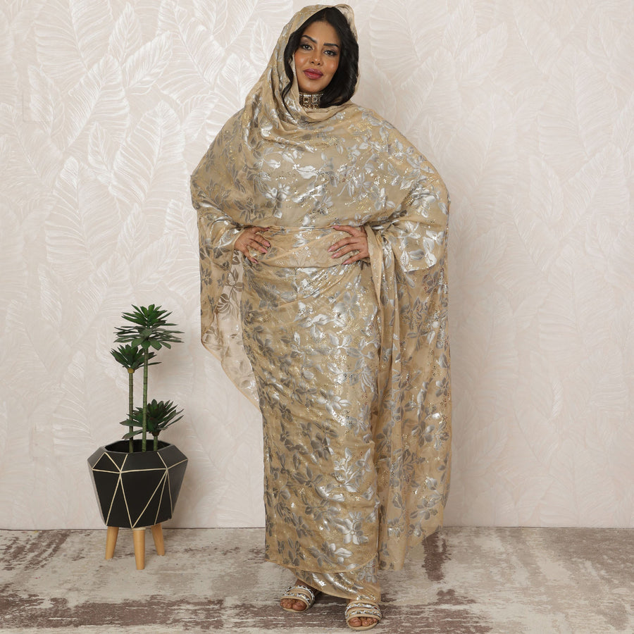 ثوب سوداني ذهبي من الشيفون الحريري الخالص مع رقائق معدنية وجاكار، 4.5 متر، عرض 110 سم - D20416