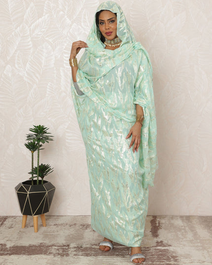 Mint Green Sudanese Thobe Fabric in Pure Silk Chiffon with Metallic Lurex, 4.5 Meters, 110 cm Width-D20418