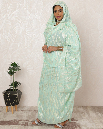 Mint Green Sudanese Thobe Fabric in Pure Silk Chiffon with Metallic Lurex, 4.5 Meters, 110 cm Width-D20418