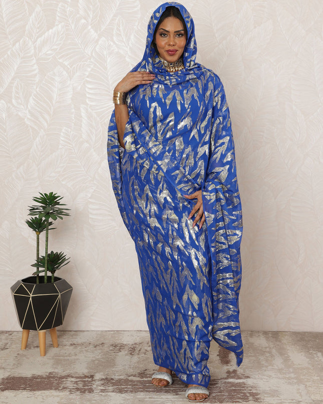 Royal Blue Sudanese Thobe Fabric in Pure Silk Chiffon with Metallic Lurex, 4.5 Meters, 110 cm Width-D20419