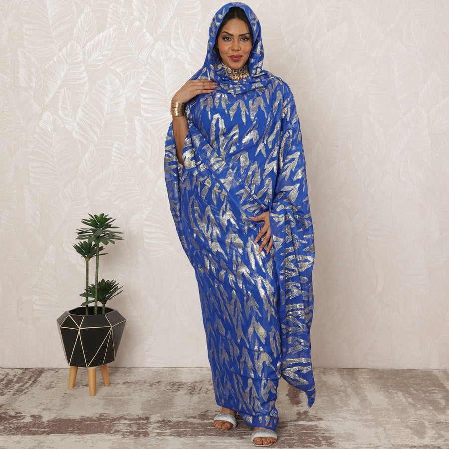 Royal Blue Sudanese Thobe Fabric in Pure Silk Chiffon with Metallic Lurex, 4.5 Meters, 110 cm Width-D20419