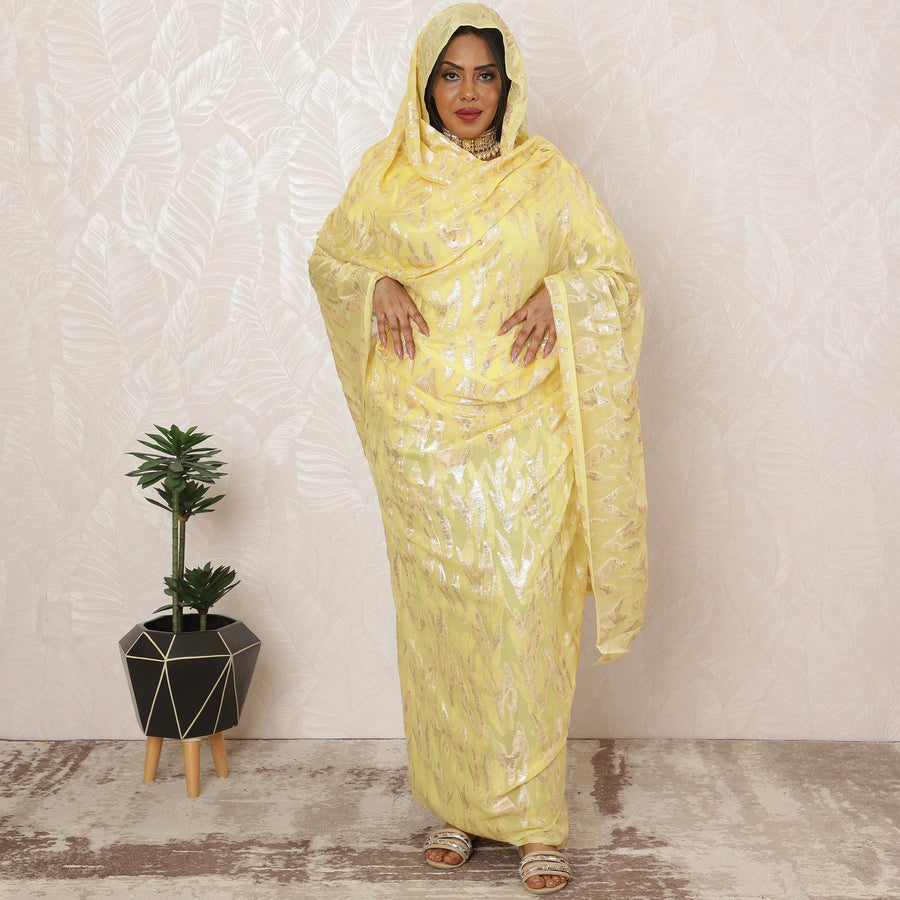 Radiant Yellow Sudanese Thobe Fabric in Pure Silk Chiffon with Metallic Lurex, 4.5 Meters, 110 cm Width-D20421