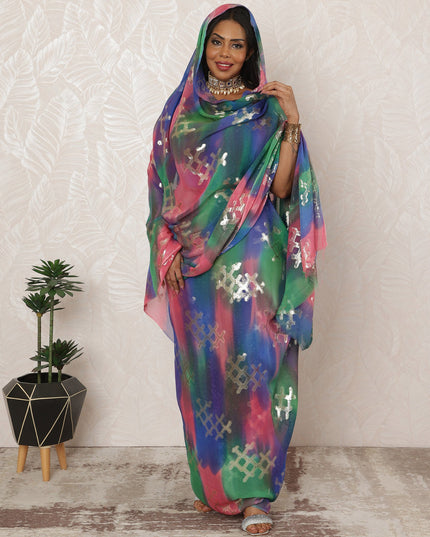 Multicolor Sudanese Thobe Fabric in Pure Silk Chiffon with Metallic Lurex, 4.5 Meters, 110 cm Width-D20422