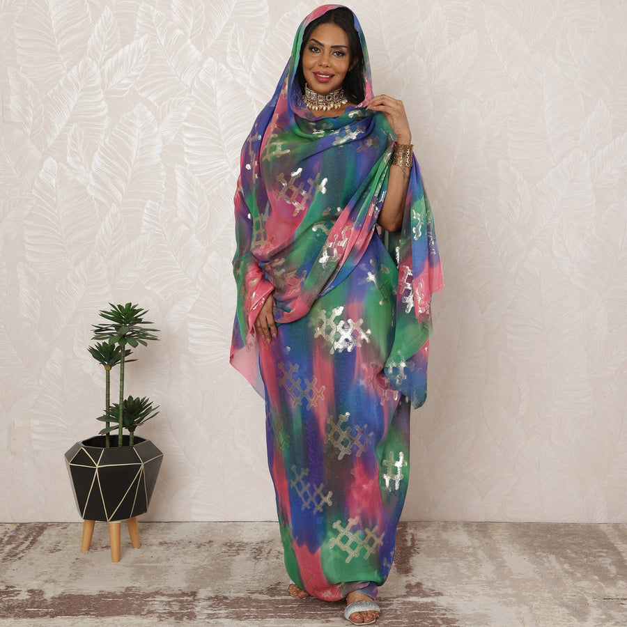 Multicolor Sudanese Thobe Fabric in Pure Silk Chiffon with Metallic Lurex, 4.5 Meters, 110 cm Width-D20422