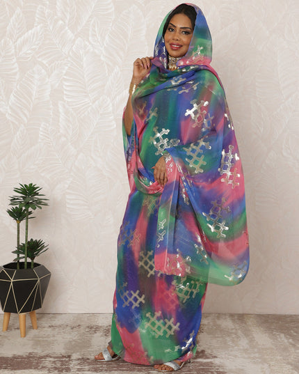 Multicolor Sudanese Thobe Fabric in Pure Silk Chiffon with Metallic Lurex, 4.5 Meters, 110 cm Width-D20422