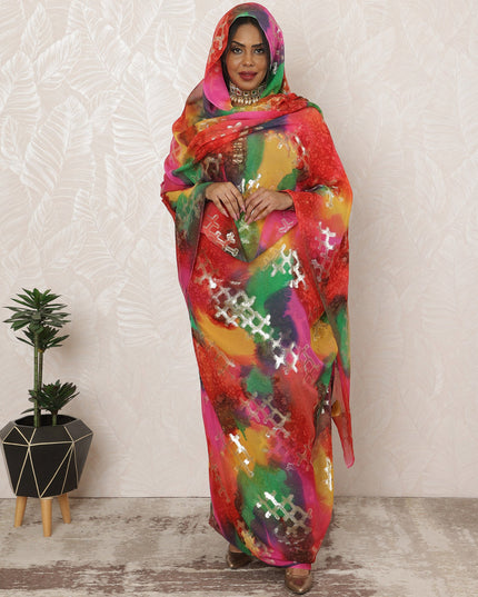 Bright Multicolor Sudanese Thobe Fabric in Pure Silk Chiffon with Metallic Lurex, 4.5 Meters, 110 cm Width-D20423