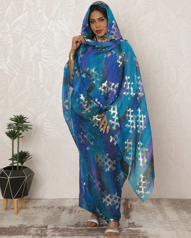 Blue and Purple Sudanese Thobe Fabric in Pure Silk Chiffon with Metallic Lurex, 4.5 Meters, 110 cm Width-D20424