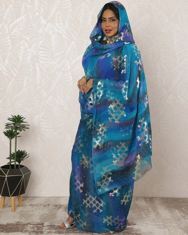 Blue and Purple Sudanese Thobe Fabric in Pure Silk Chiffon with Metallic Lurex, 4.5 Meters, 110 cm Width-D20424