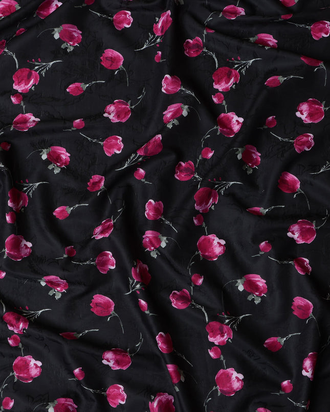 Black Japanese Floral Cotton Voile Fabric, Magenta & Green Flower Print, 110 cm Width-D20907