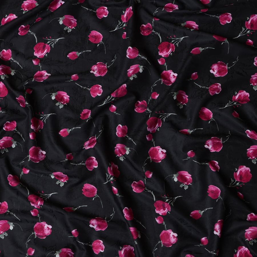 قماش فوال قطني أسود بطبعة زهور يابانية، أرجواني وأخضر، عرض 110 سم - D20907