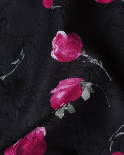 Black Japanese Floral Cotton Voile Fabric, Magenta & Green Flower Print, 110 cm Width-D20907