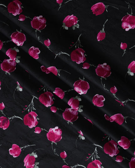 Black Japanese Floral Cotton Voile Fabric, Magenta & Green Flower Print, 110 cm Width-D20907