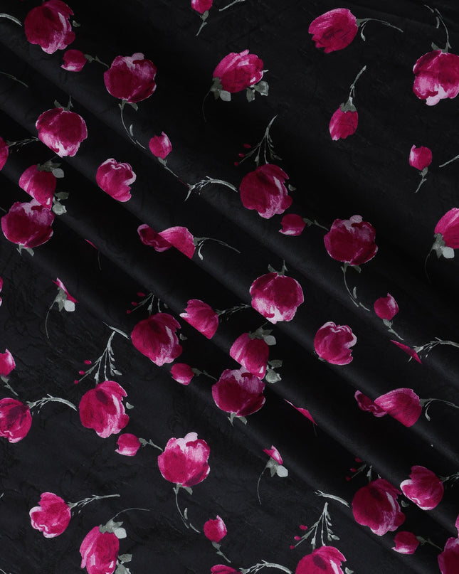 Black Japanese Floral Cotton Voile Fabric, Magenta & Green Flower Print, 110 cm Width-D20907