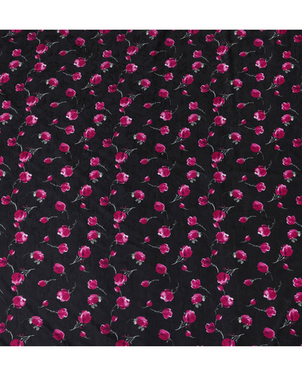 Black Japanese Floral Cotton Voile Fabric, Magenta & Green Flower Print, 110 cm Width-D20907