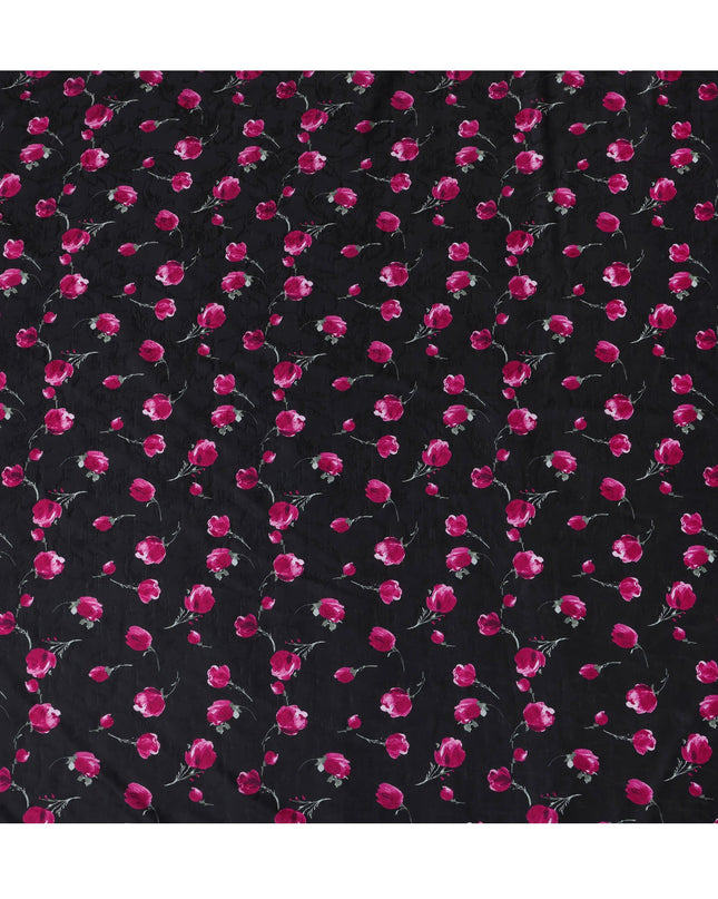 Black Japanese Floral Cotton Voile Fabric, Magenta & Green Flower Print, 110 cm Width-D20907