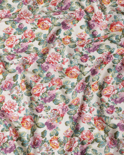 Ivory Japanese Cotton Voile Fabric, Vibrant Floral Print in Pink, Purple & Green, 110 cm Width-D20908