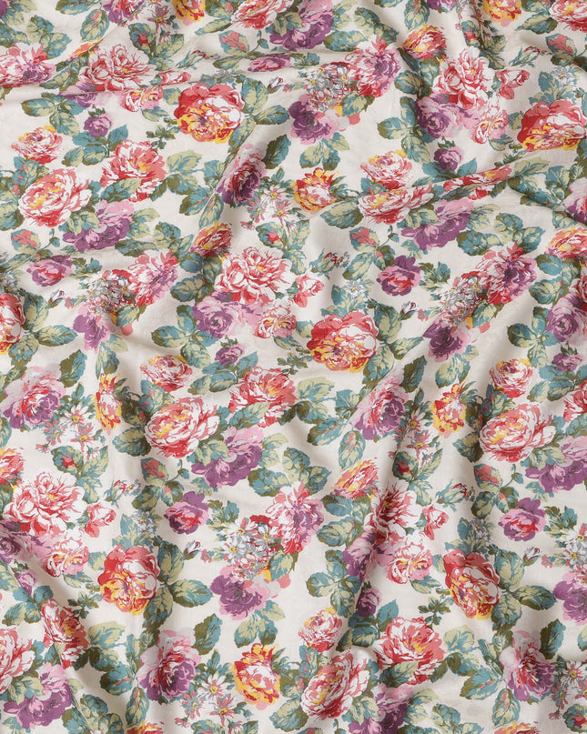 Ivory Japanese Cotton Voile Fabric, Vibrant Floral Print in Pink, Purple & Green, 110 cm Width-D20908