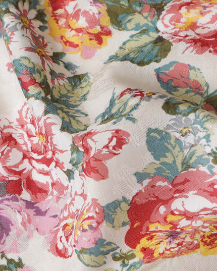 Ivory Japanese Cotton Voile Fabric, Vibrant Floral Print in Pink, Purple & Green, 110 cm Width-D20908