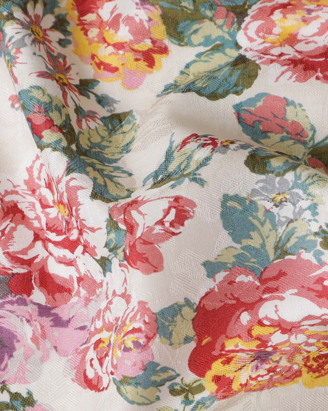 Ivory Japanese Cotton Voile Fabric, Vibrant Floral Print in Pink, Purple & Green, 110 cm Width-D20908