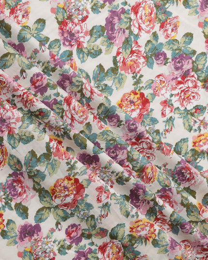 Ivory Japanese Cotton Voile Fabric, Vibrant Floral Print in Pink, Purple & Green, 110 cm Width-D20908