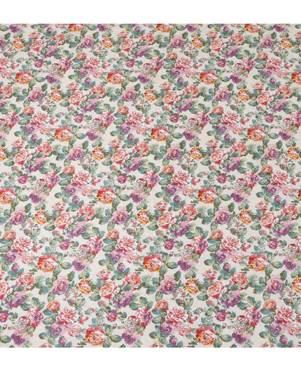 Ivory Japanese Cotton Voile Fabric, Vibrant Floral Print in Pink, Purple & Green, 110 cm Width-D20908