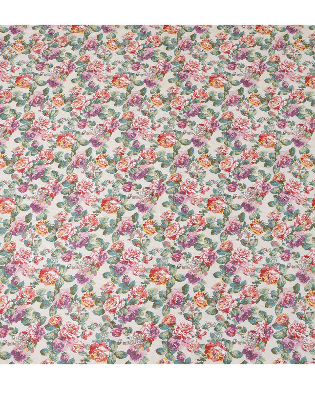 Ivory Japanese Cotton Voile Fabric, Vibrant Floral Print in Pink, Purple & Green, 110 cm Width-D20908