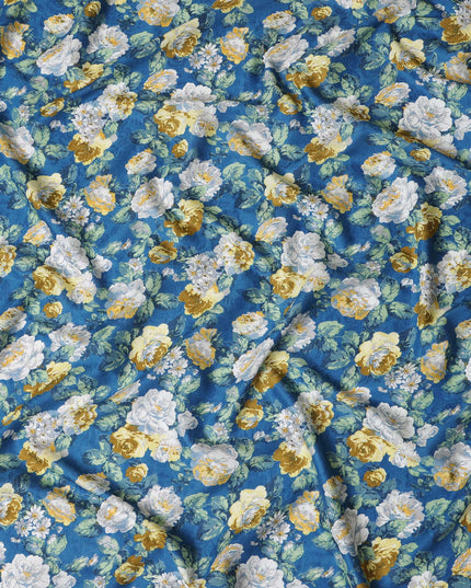 Blue Japanese Cotton Voile Fabric, Yellow & White Floral Print, 110 cm Width-D20909