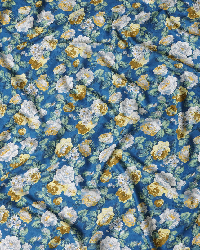 Blue Japanese Cotton Voile Fabric, Yellow & White Floral Print, 110 cm Width-D20909