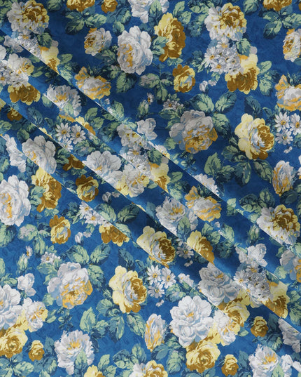 Blue Japanese Cotton Voile Fabric, Yellow & White Floral Print, 110 cm Width-D20909