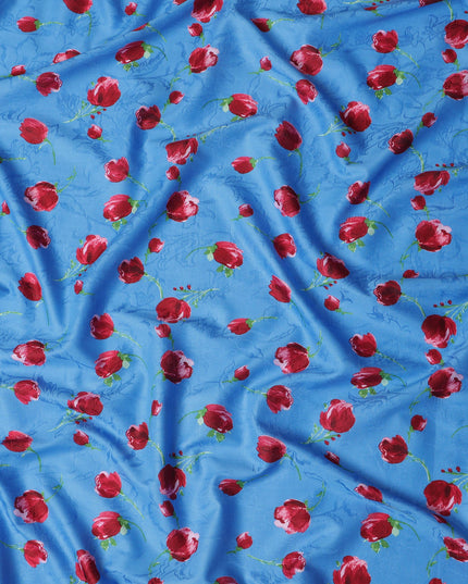 Blue Japanese Cotton Voile Fabric, Red & Green Floral Print, 110 cm Width-D20911