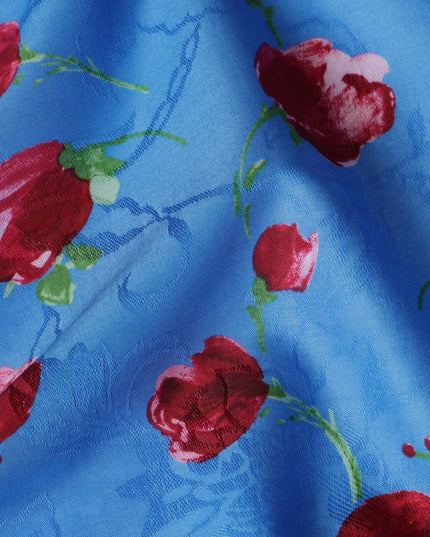 Blue Japanese Cotton Voile Fabric, Red & Green Floral Print, 110 cm Width-D20911