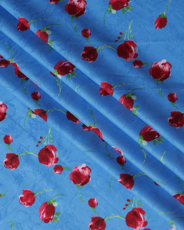 Blue Japanese Cotton Voile Fabric, Red & Green Floral Print, 110 cm Width-D20911