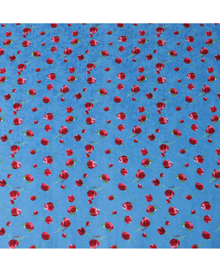 Blue Japanese Cotton Voile Fabric, Red & Green Floral Print, 110 cm Width-D20911