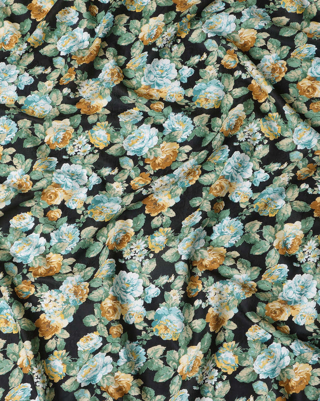 Black Japanese Cotton Voile Fabric, Green & Yellow Floral Print, 110 cm Width-D20912