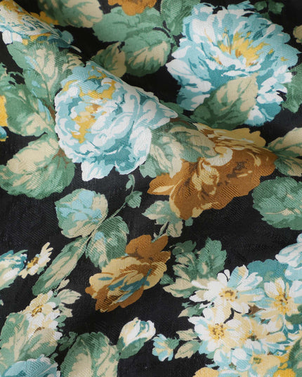 Black Japanese Cotton Voile Fabric, Green & Yellow Floral Print, 110 cm Width-D20912