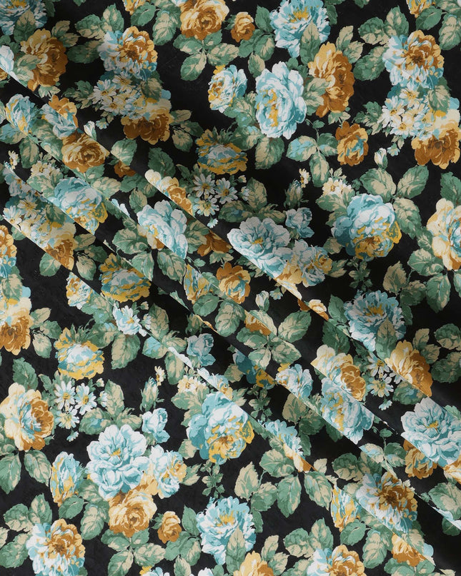 Black Japanese Cotton Voile Fabric, Green & Yellow Floral Print, 110 cm Width-D20912