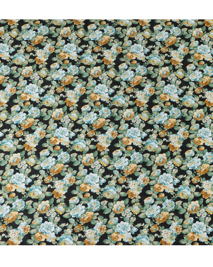 Black Japanese Cotton Voile Fabric, Green & Yellow Floral Print, 110 cm Width-D20912