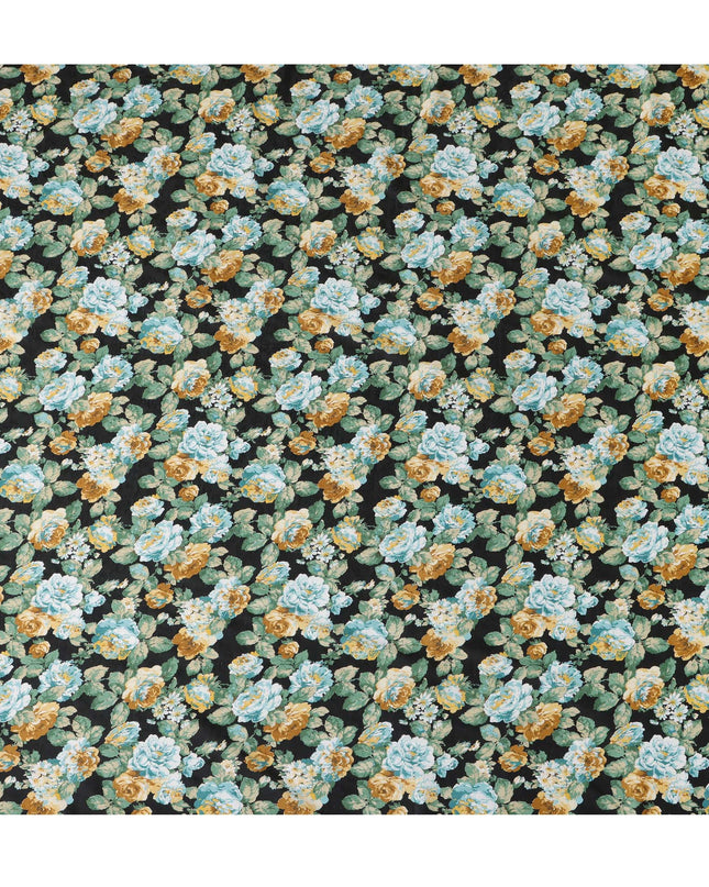 Black Japanese Cotton Voile Fabric, Green & Yellow Floral Print, 110 cm Width-D20912