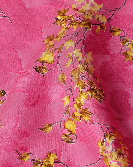 Pink Japanese Cotton Voile Fabric, Yellow & Green Leaf Print, 110 cm Width-D20914