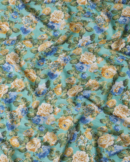 Mint Green Japanese Cotton Voile Fabric, Yellow & Blue Floral Print, 110 cm Width-D20915