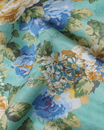 Mint Green Japanese Cotton Voile Fabric, Yellow & Blue Floral Print, 110 cm Width-D20915