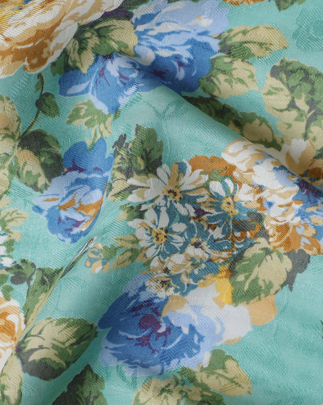 Mint Green Japanese Cotton Voile Fabric, Yellow & Blue Floral Print, 110 cm Width-D20915